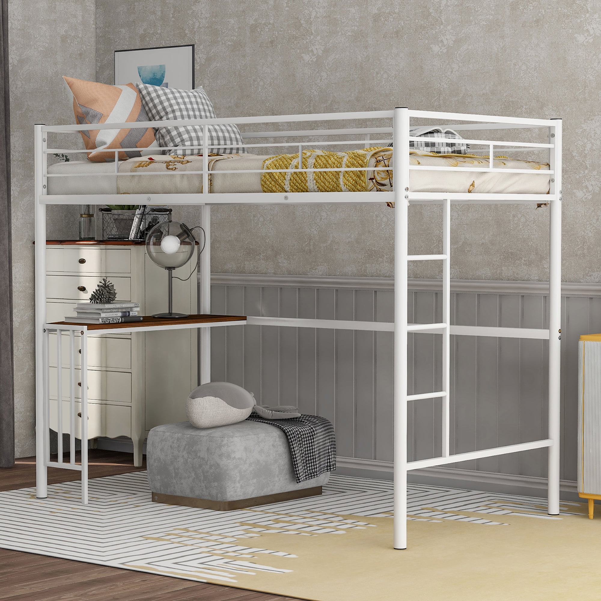 Gewnee Twin Size Metal Loft Bed Frame with Desk,Full-Length Guardrails ...