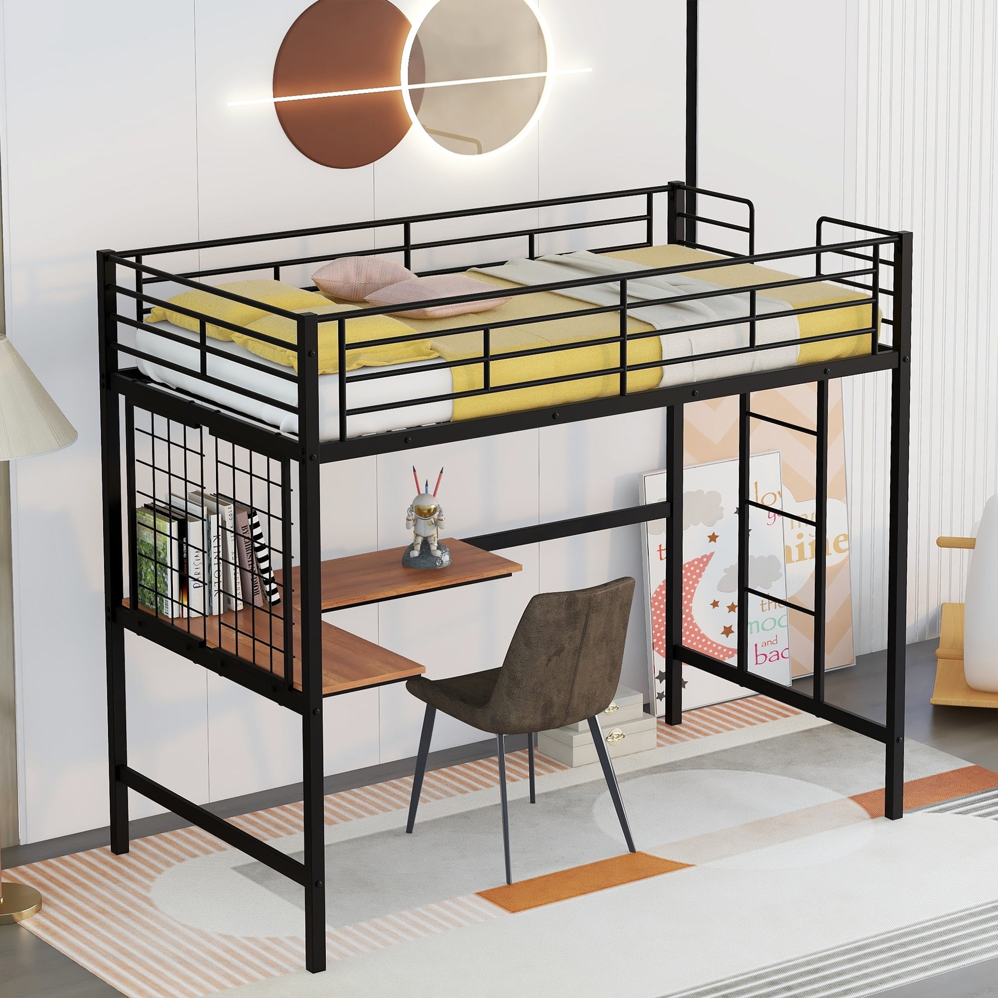 Gewnee Twin Size Metal Loft Bed Frame with L-Shape Desk and Metal Grid for Kids,Teens, Black
