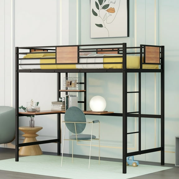 Gewnee Twin Size Metal Loft Bed with L-Shape Desk and Shelves for Kids,Teens,Black