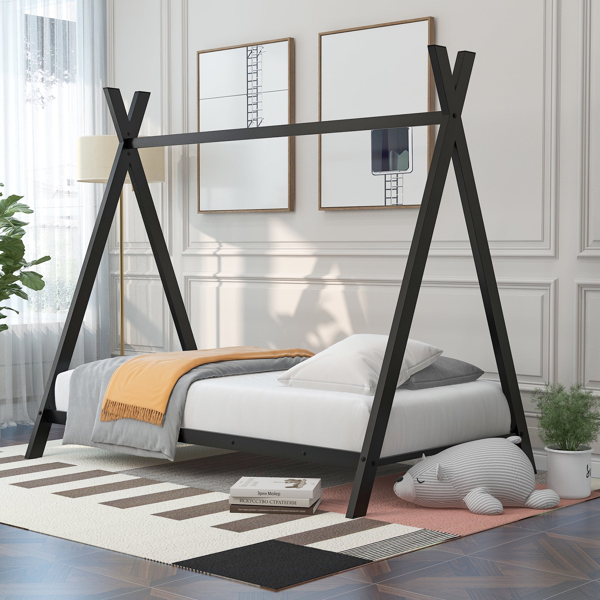 Gewnee Twin Size Metal Tent Bed Floor House Bed with with x-Shaped Frame for Kids,Black