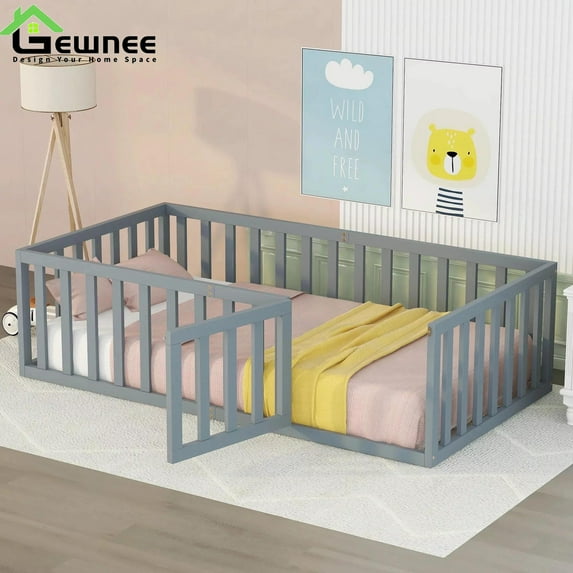 Gewnee Twin Size Montessori Bed for Toddler, Wood Floor Bed Frame with Fence and Door, Gray