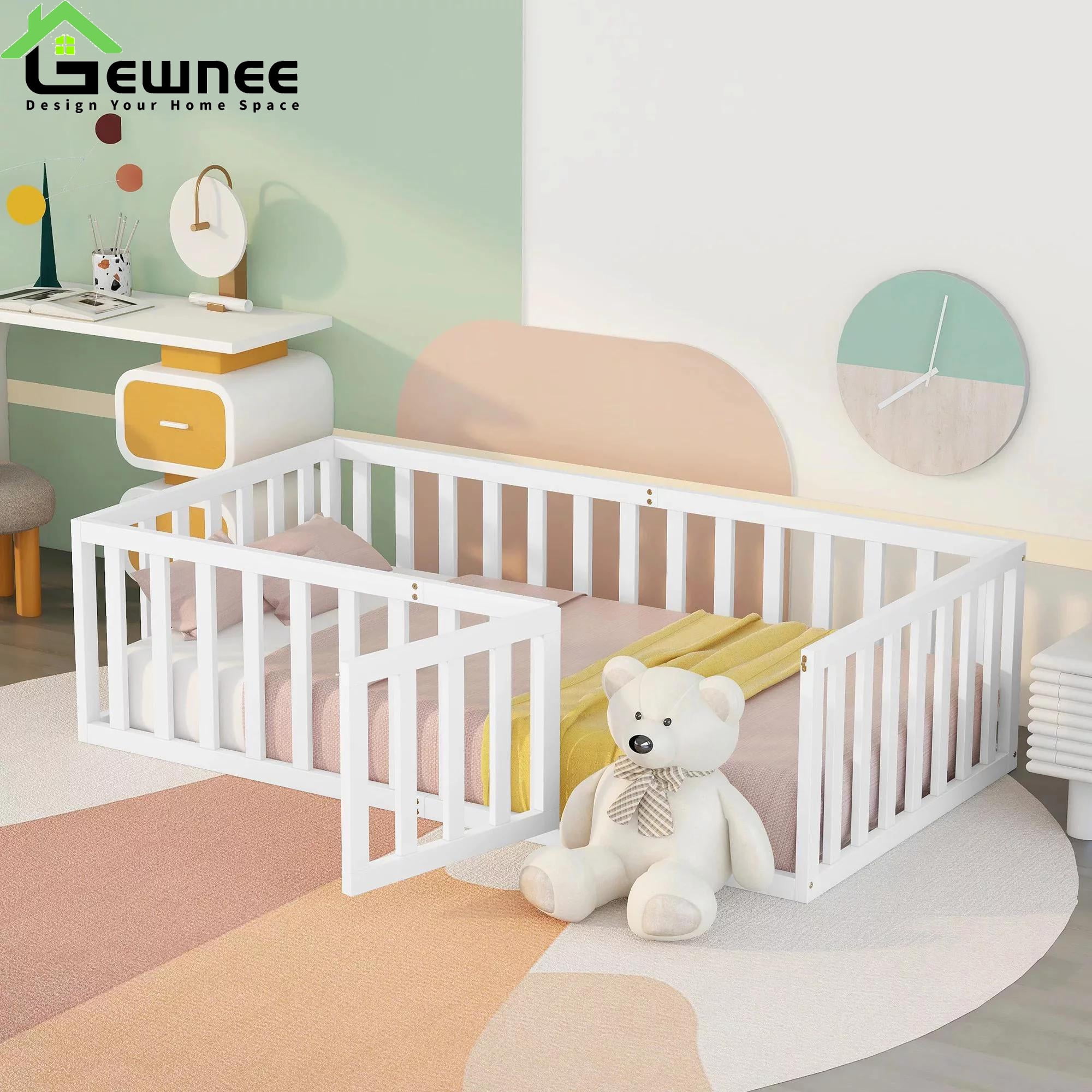 27/mo - Finance Giantex Twin Floor Bed With Fence For Kids, Wooden Montessori Bed Frame With Lockable Door & Guardrails, Low Floor Beds For Kids, Boys, Girls, No Box Spring Needed, Without
