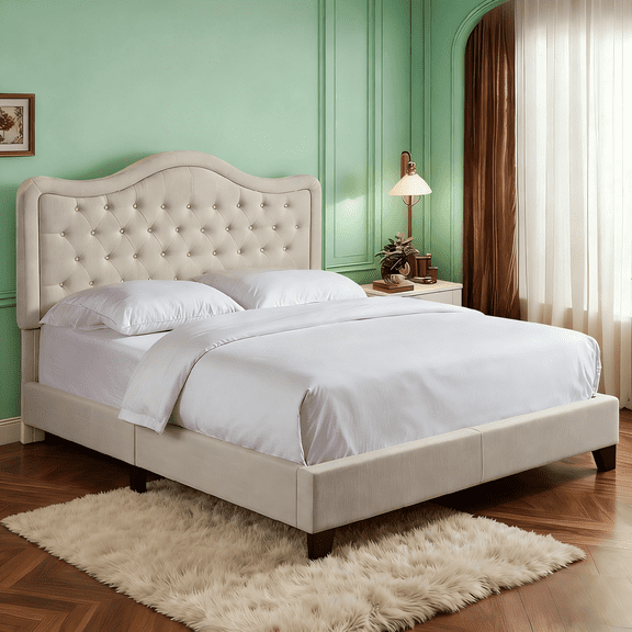 Gewnee Twin Size Platform Bed Frame with Adjustable Linen Upholstered Headboard, Strong Wooden Slat Support, Mattress Foundation, Box Spring Required, Beige