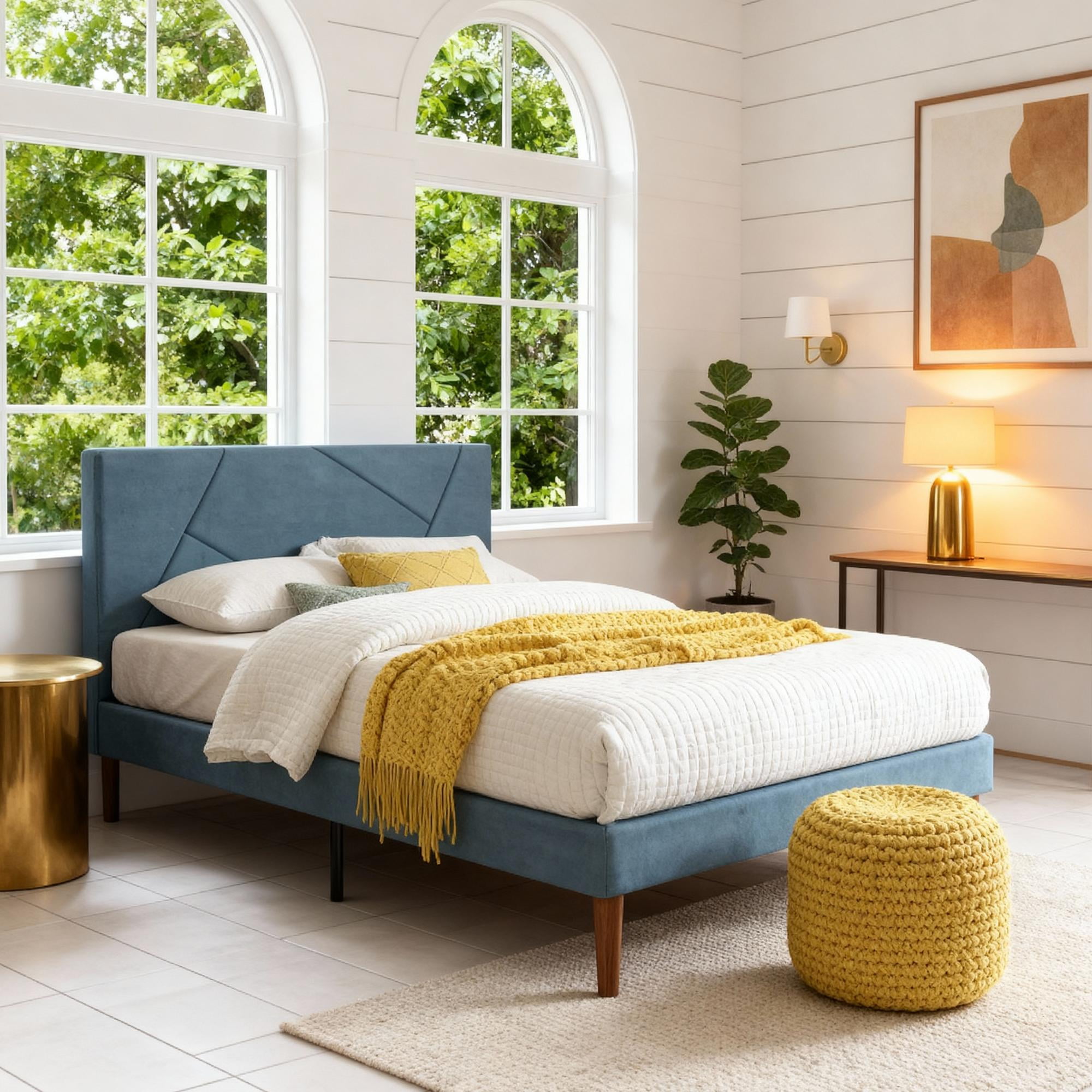 Gewnee Twin Size Platform Bed Frame with Upholstered Headboard,Wood Slats & Center Support Leg,Under-Bed Storage Space,No Box Spring Required,Blue