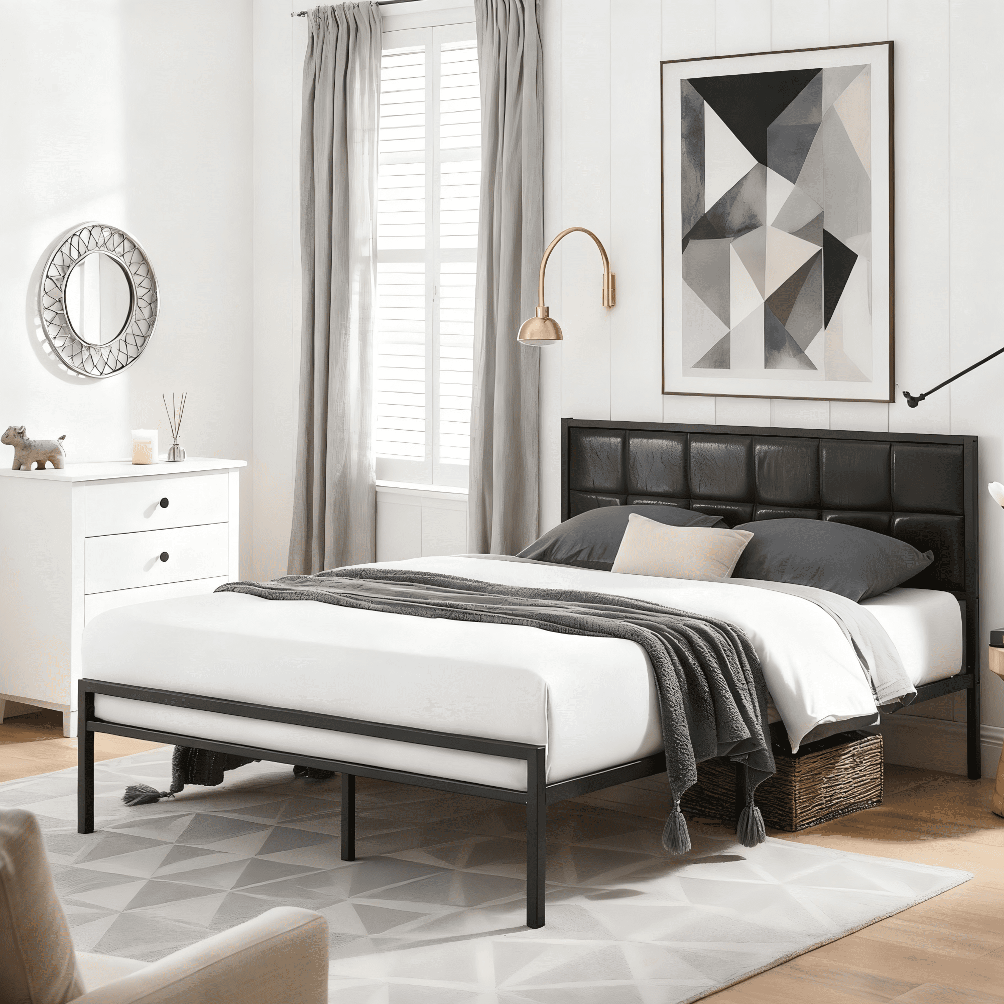 Gewnee Twin Size Platform Bed Frame with Upholstered Headboard,Wood Slats & Metal Frame,Faux Leather Waterproof,Under-Bed Storage Space,No Box Spring Required.Black