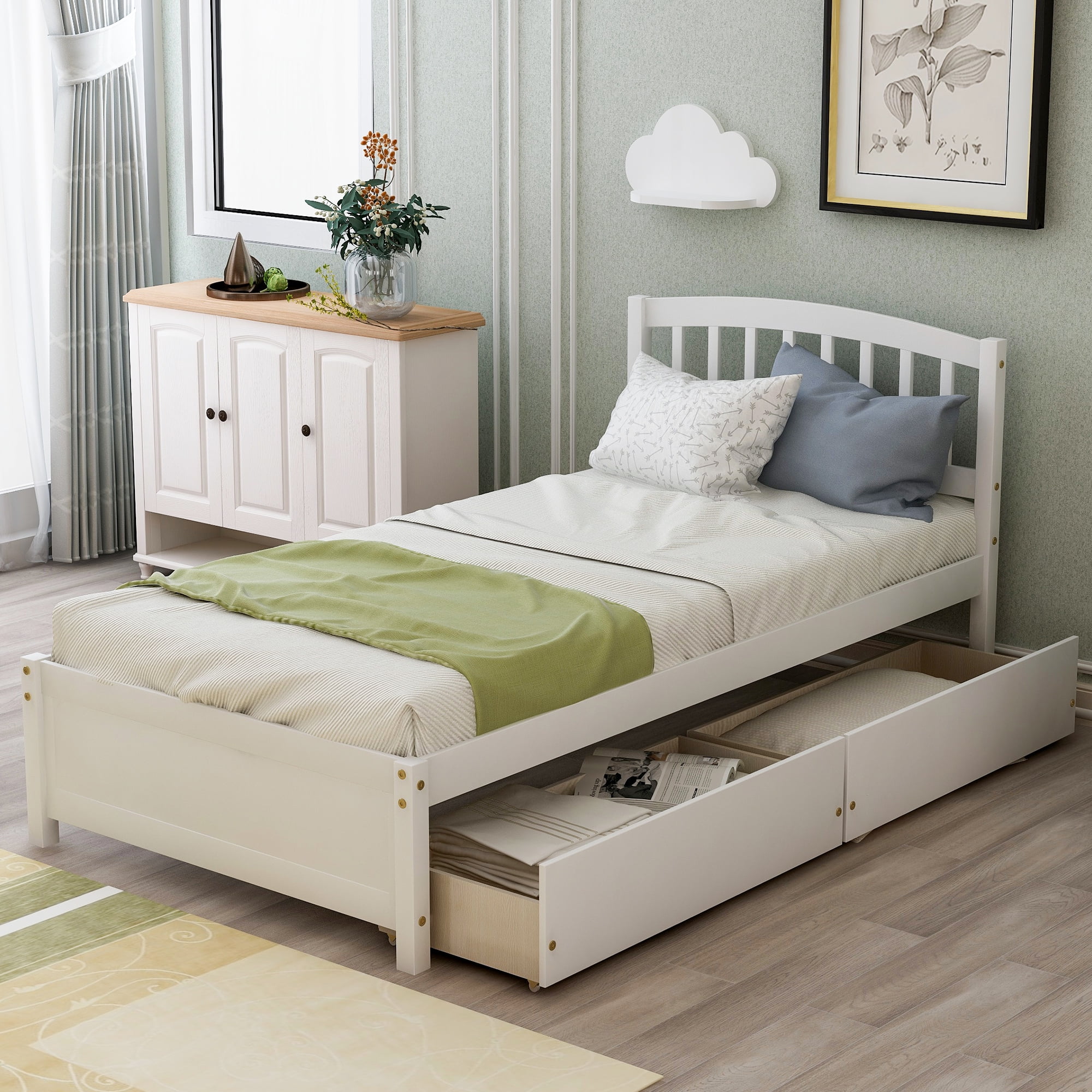 Gewnee Twin Platform Storage Bed Wood Bed Frame with Two Drawers and Headboard, White