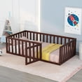 thumbnail image 1 of Gewnee Twin Size Toddler Floor Bed,Pind Wood Kids Floor Bed Frame with Fence and Door,Walnut, 1 of 8
