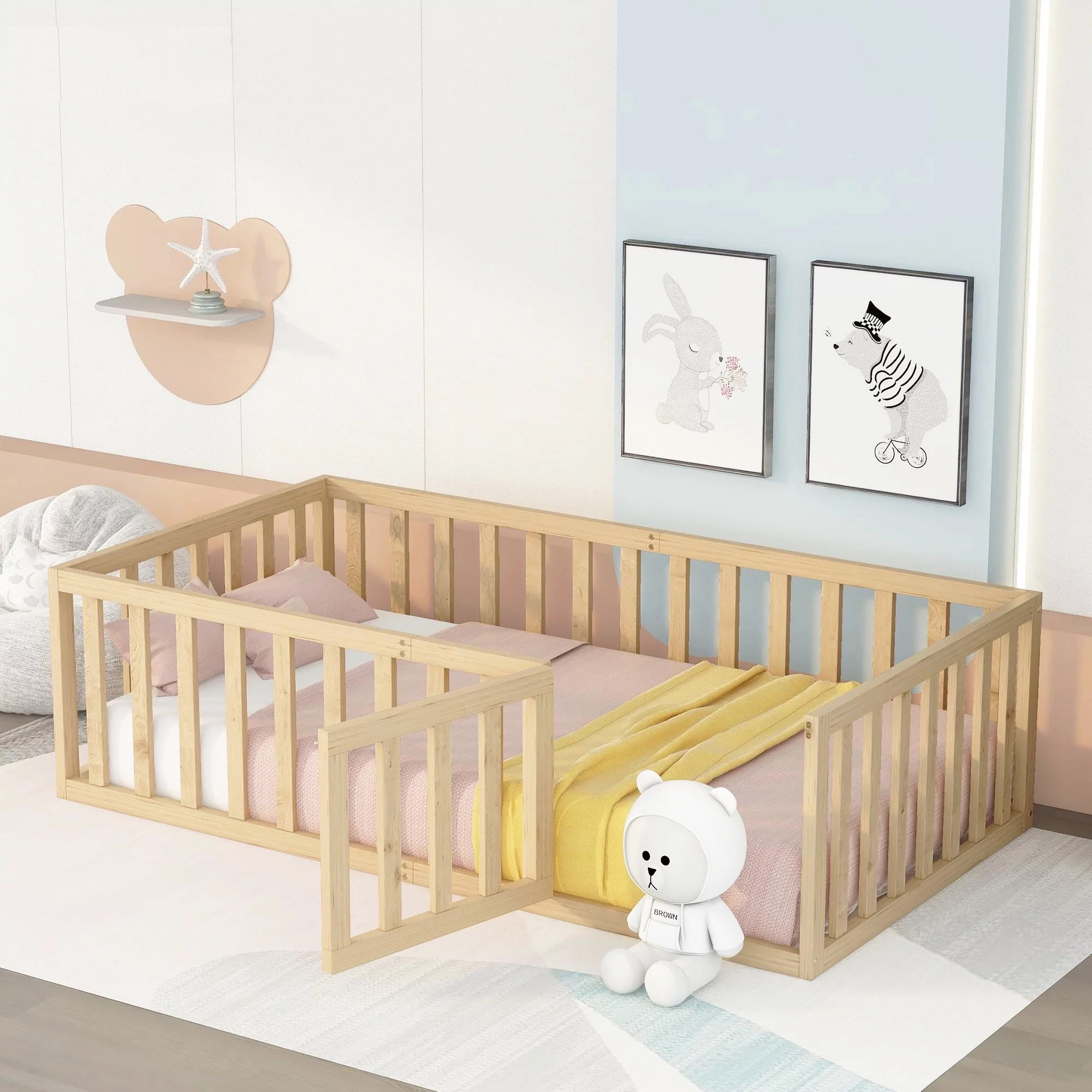 Gewnee Twin Size Toddler Floor Bed,Pine Wood Kids Floor Bed Frame with Fence and Door,Natural