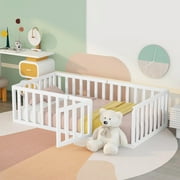Gewnee Twin Size Toddler Floor Bed,Pine Wood Kids Floor Bed Frame with Fence and Door,White
