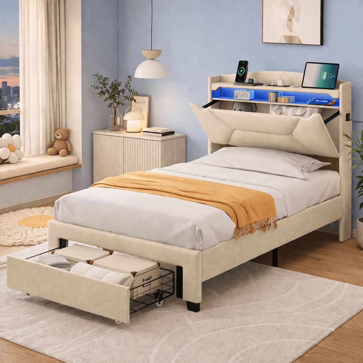 Gewnee Twin Size Upholstered Linen Bed Frame with Storage Headboard, Drawer & Charging Station, No Box Spring Needed,Beige