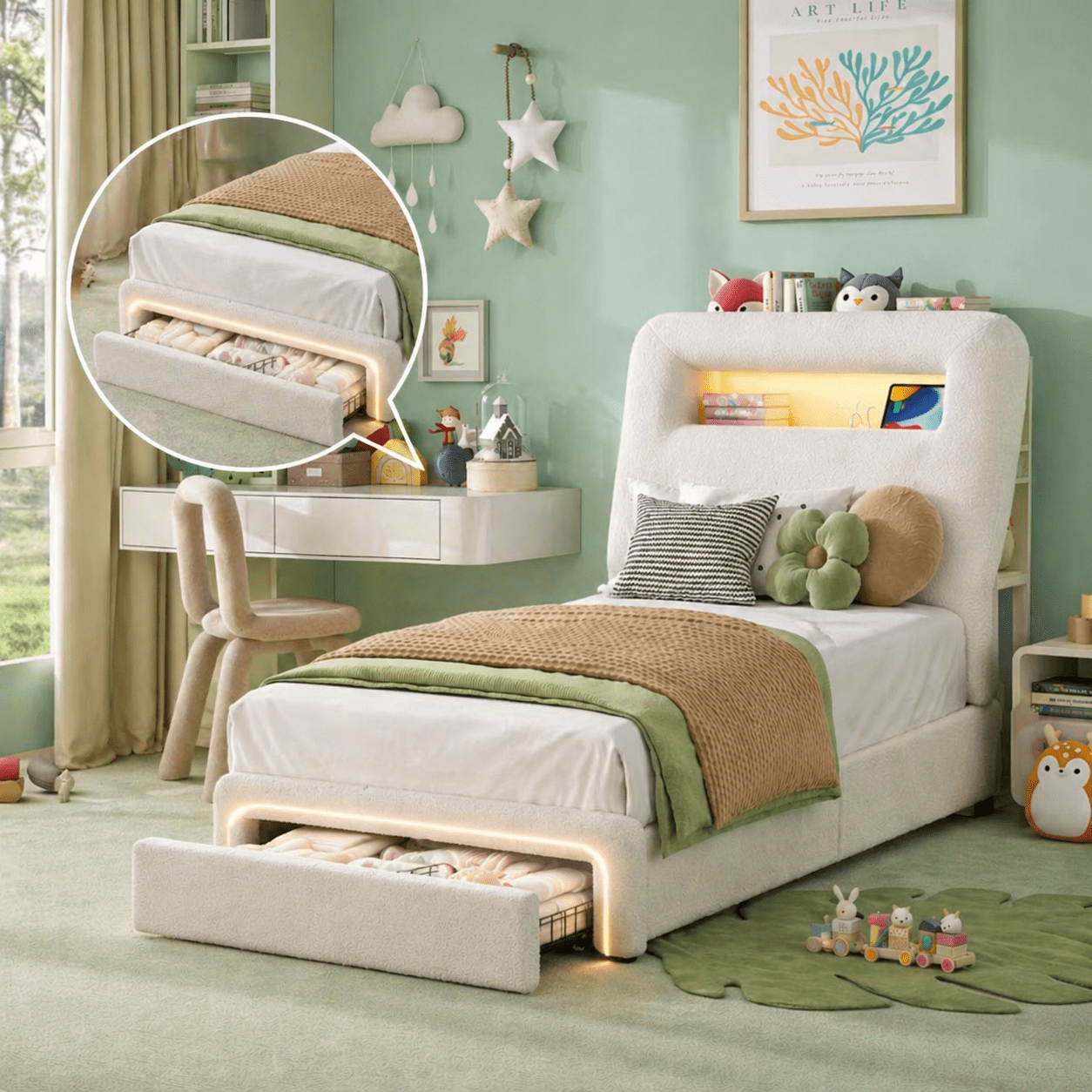 Gewnee Twin Size Velvet Upholstered Platform Bed Frame with RGB LED Lights, Charging Station, Storage Drawers, for Bedrooms & Guest Rooms