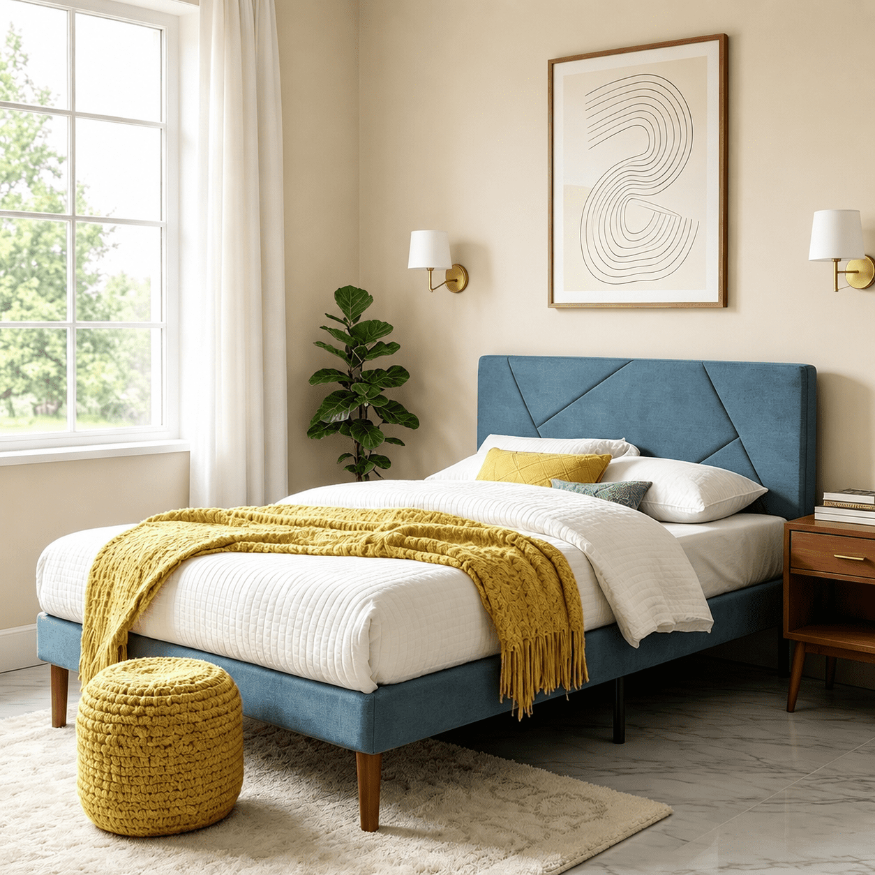 Gewnee Twin Size Velvet Upholstered Platform Bed Frame with Tufted Headboard & Wood Slats, Blue for Bedroom