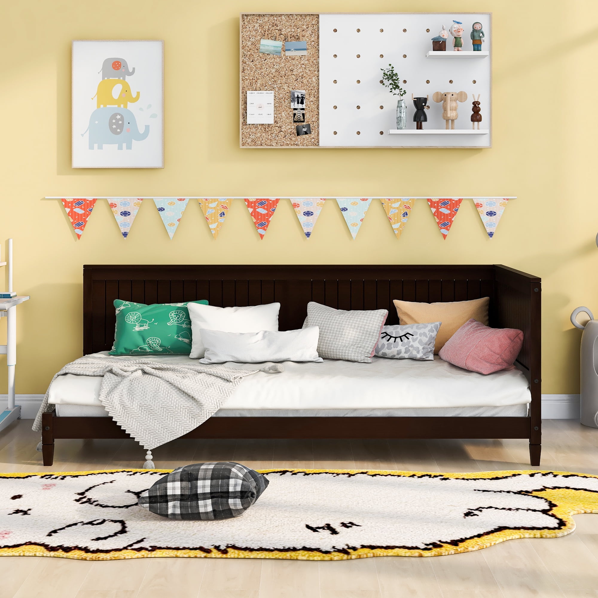 Gewnee Twin Size Wood Daybed,Low Bed Frame with Headboard and Sideboard