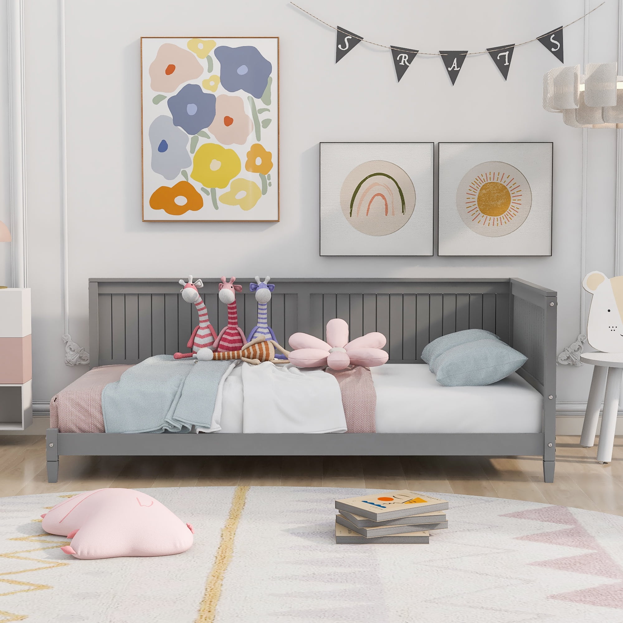 Free Shipping Gewnee Twin Size Wood Daybed Low Bed Frame with Headboard and Sideboard for Kids Gray Walmart