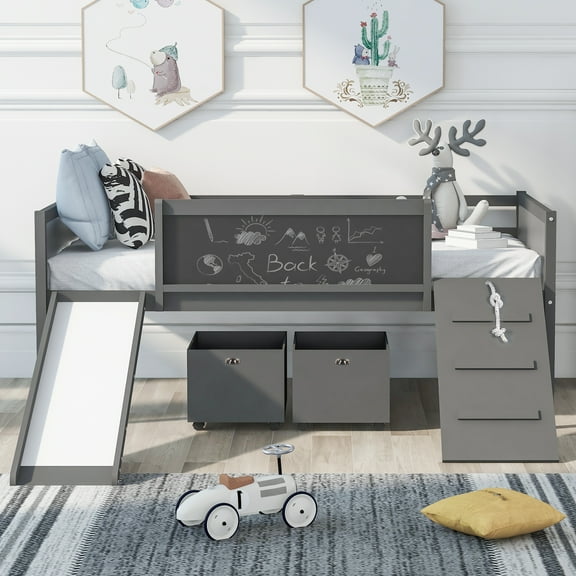 Gewnee Twin Size Wood Loft Bed with Slide,Climbing Frame,Two Movable Drawers and Chalkboard for Kids,Gray