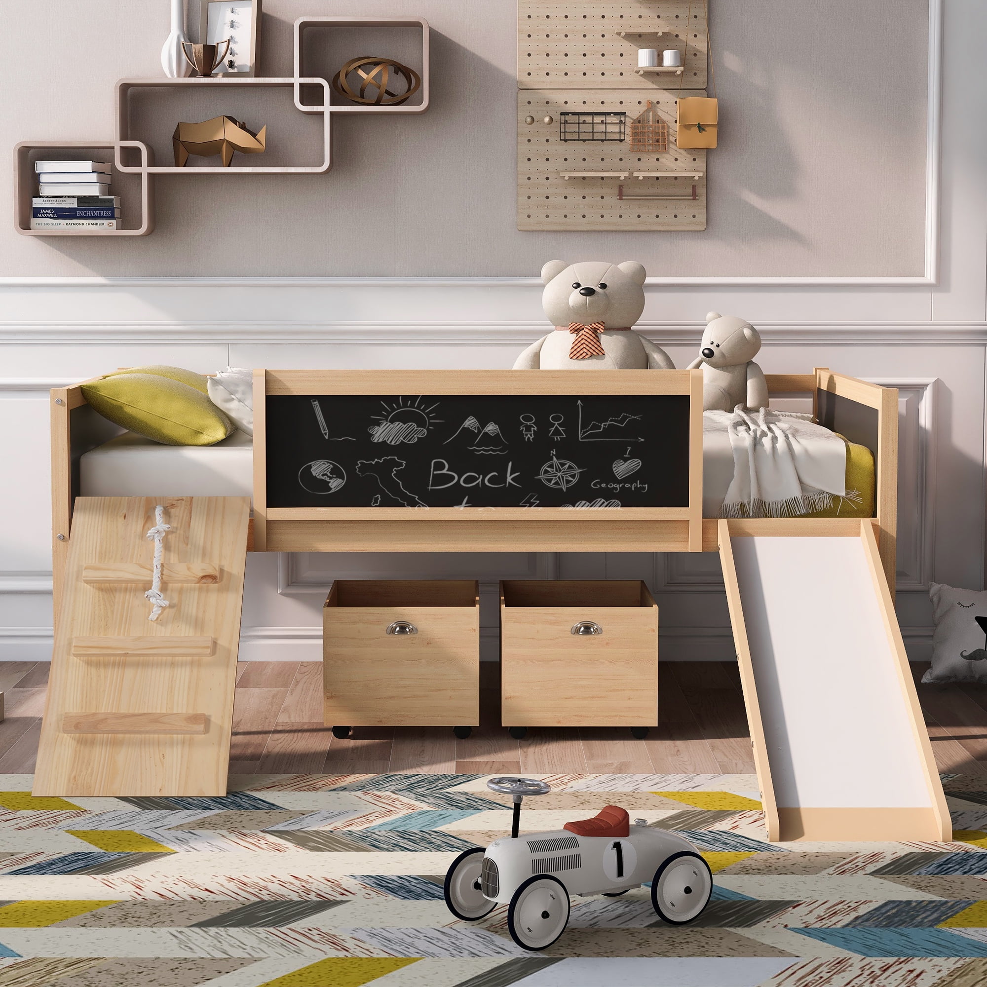 Gewnee Twin Size Wood Loft Bed with Slide,Climbing Frame,Two Movable Drawers and Chalkboard for Kids,Natural