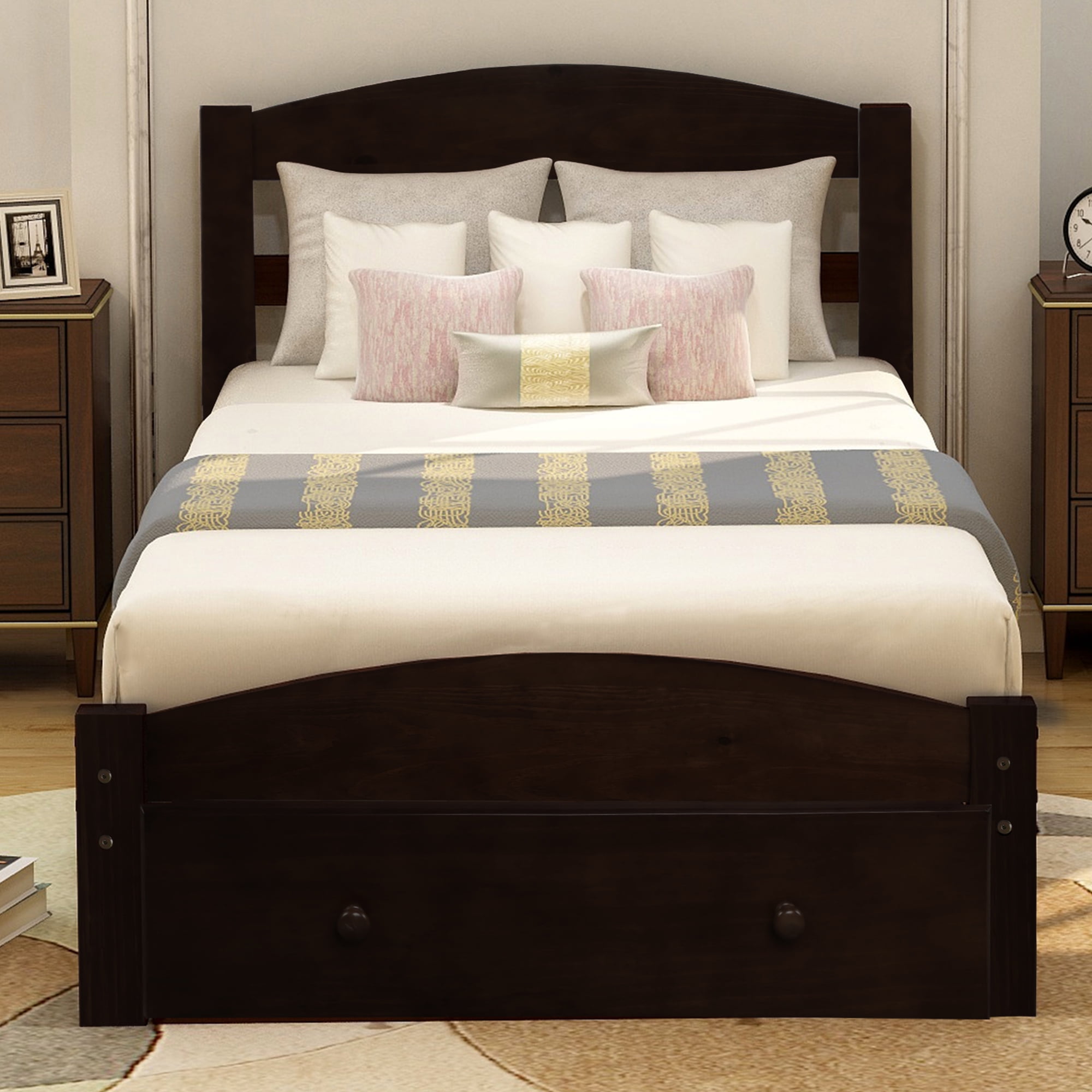 Gewnee Twin Size Wood Platform Bed Frame with Headboard and Big Storage Drawer for Kids,Espresso