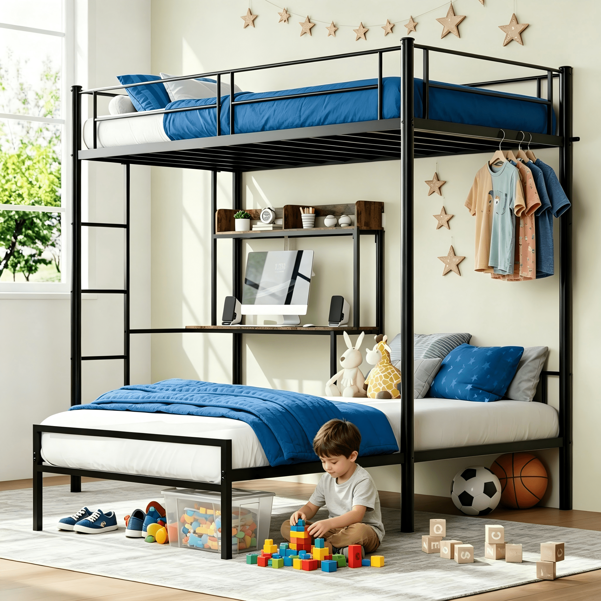 Gewnee Twin Over Twin Szie Metal Bunk Bed with Built-in Desk, Charging Station,Storage Shelves & Bookcase,Space-Saving for Teen,Dorm,Guest Room,No Box Spring Needed.Black
