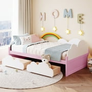 Gewnee Twin Wood Platform Bed,Pink Platform Bed with Drawers,Clouds and Rainbow Decor for Kids