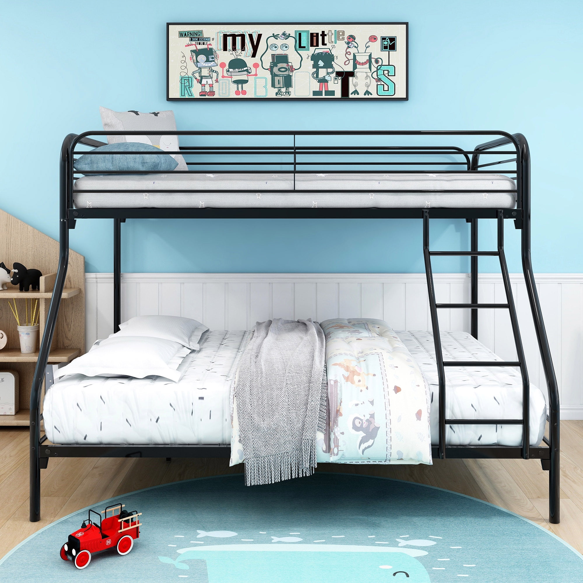 Gewnee Twin over Full Bunk Bed, Metal Bed Frame with Ladder&Safety Guardrail for Kids Teens,Black