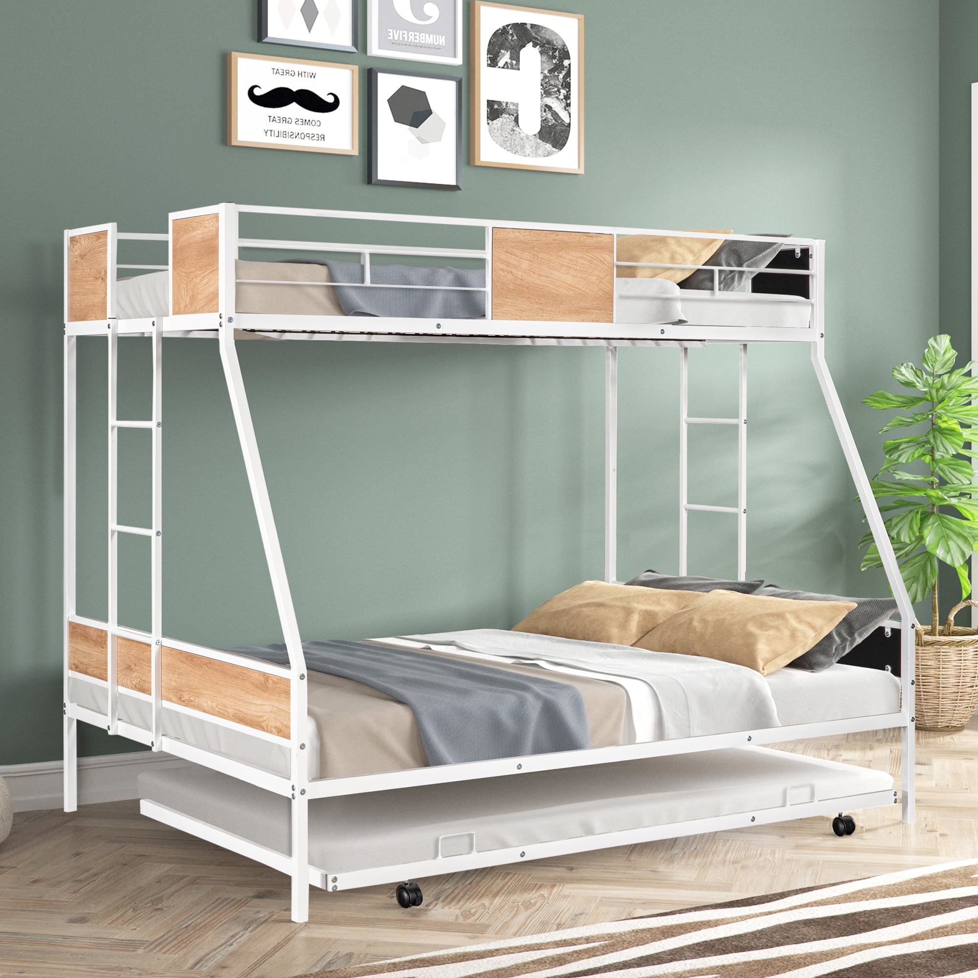 Gewnee Twin over Full Metal Bunk Bed with Trundle and  Two Ladders for Kids Room, White