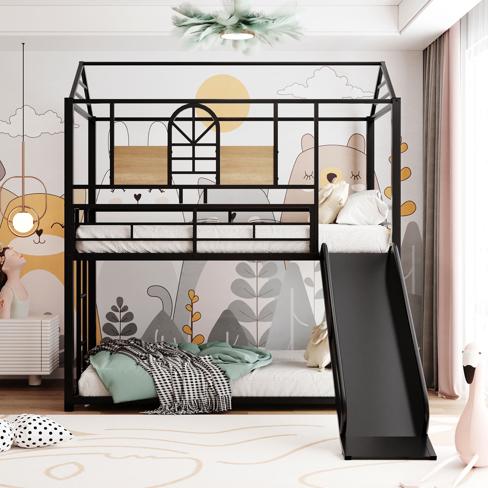 Gewnee Twin over Twin Bunk Bed,Metal House Bed with Slide and Ladder for Kids,Black