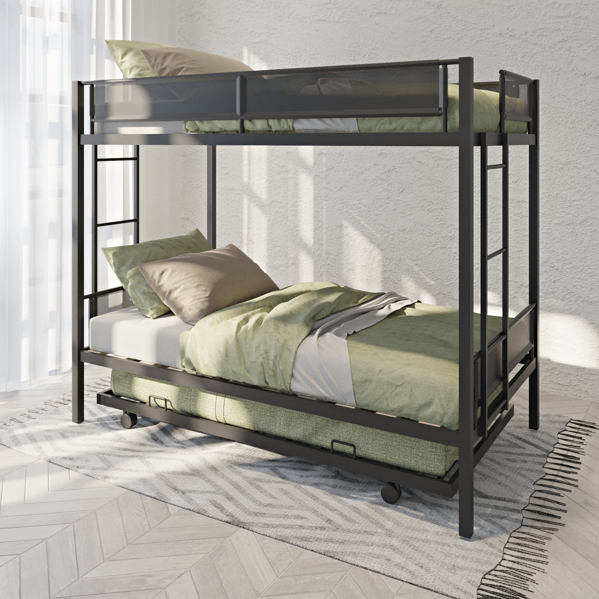 Gewnee Twin over Twin Metal Bunk Bed with Trundle Bed & 2 Side Ladders,Black