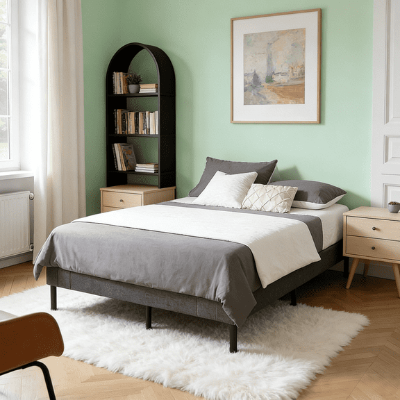 Gewnee Twin-size Thick Mattress Bed Frame, Featuring Sturdy Wooden Slat Support and a Center Leg.No Box Spring Required