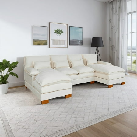 Gewnee U-Shaped Chenille Sectional Sofa Couch with Pillows ,4 Seat Double Chaise Modular Sofa Couches for Living Room