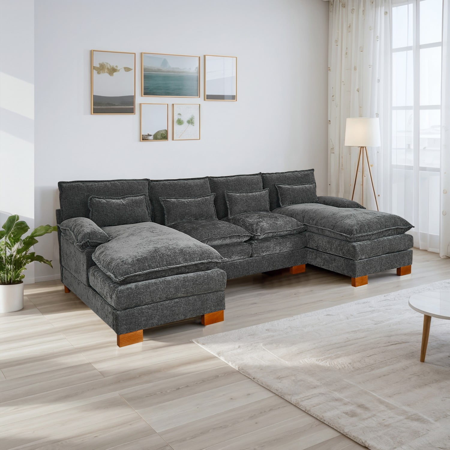 Gewnee Oversize Luxury U-Shaped Chenille Sectional Sofa Couch with Double Chaise and Pillows ,4 Seat Modular Sofa Couches for Living Room
