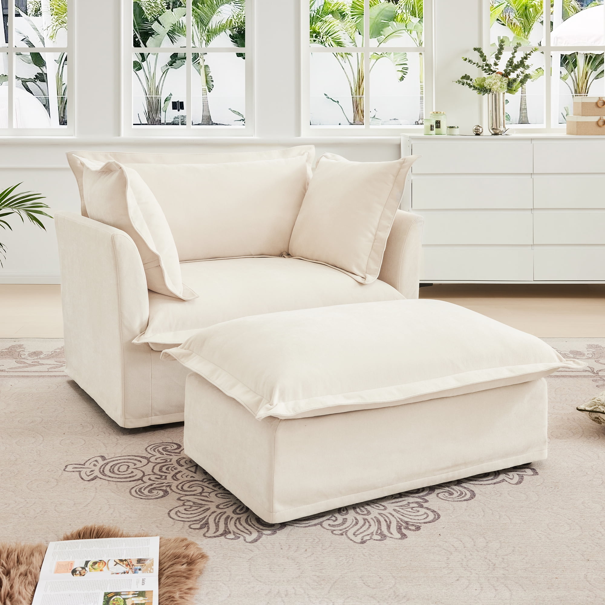 Gewnee Upholstered Slipcovered Chenille Fabric Cream Armchair with Ottoman, Deep Seat Armchair W/ Wide Ottoman for Living Room
