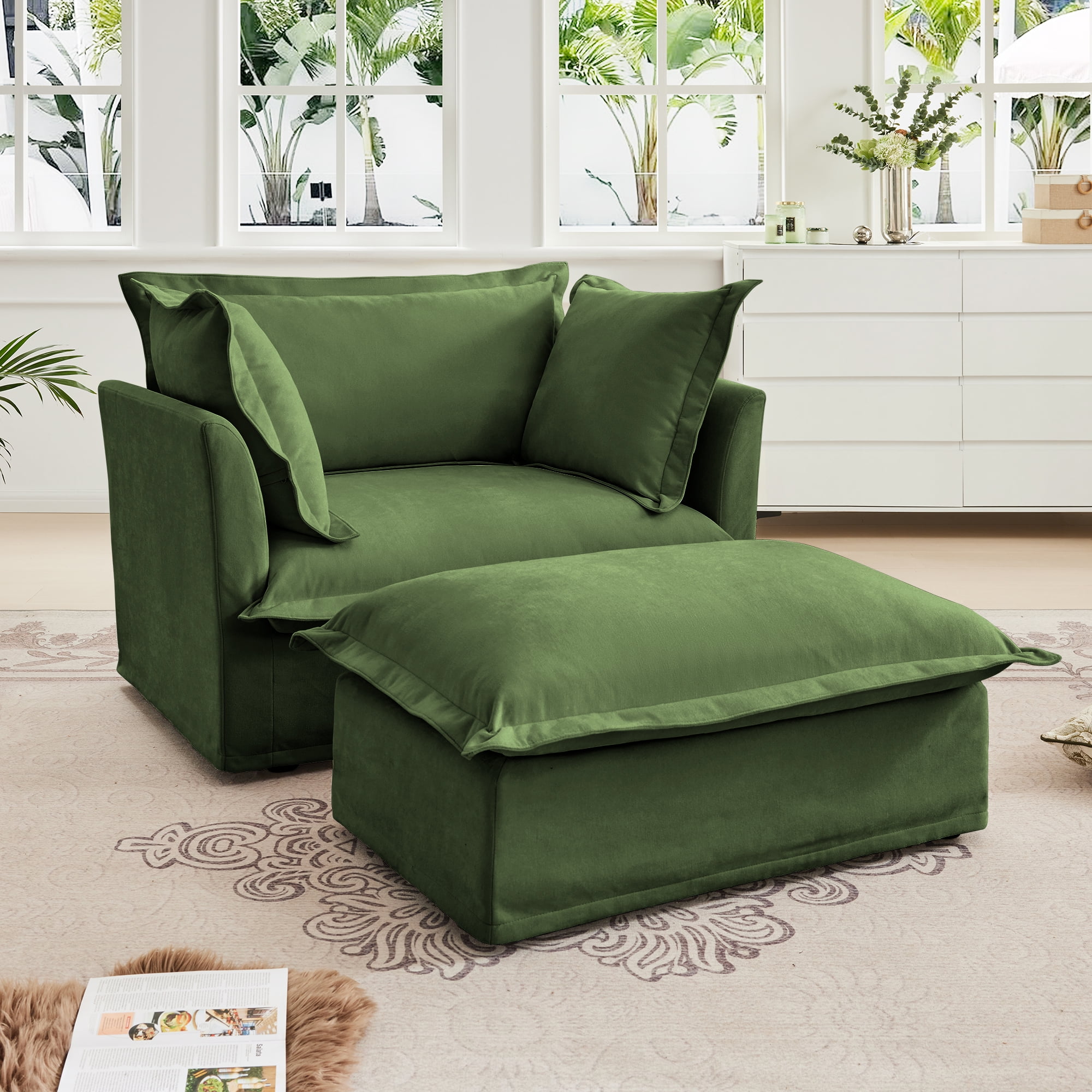 Gewnee Upholstered Slipcovered Chenille Fabric Green Armchair with Ottoman, Deep Seat Armchair W/ Wide Ottoman for Living Room