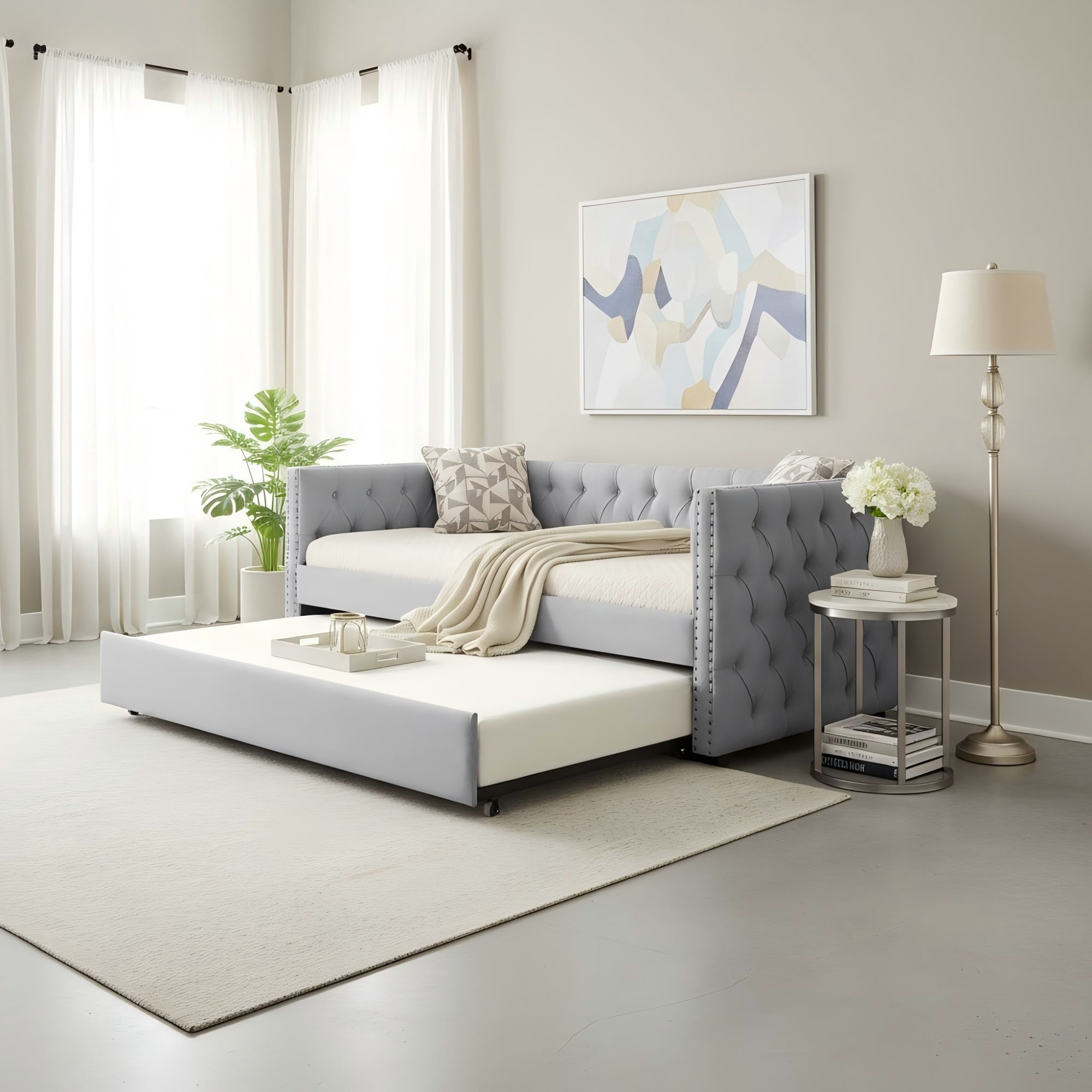 Gewnee Mid-Century Twin Size Upholstered Daybed with Trundle, Grey Linen Tufted Design & Nailhead Trim, for Living Room Guest Room