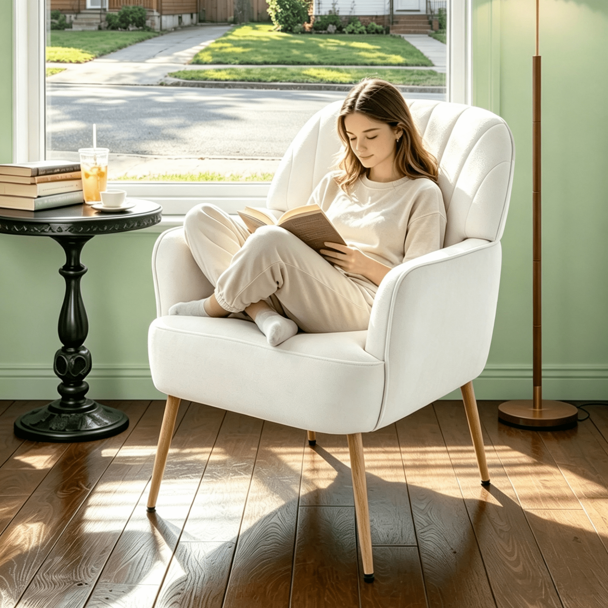 Gewnee Velvet Accent Chair,Upholstered Reading Chair with Wood Frame,Comfy Barrel Chair for Living Room,Waiting Room and Office.Beige