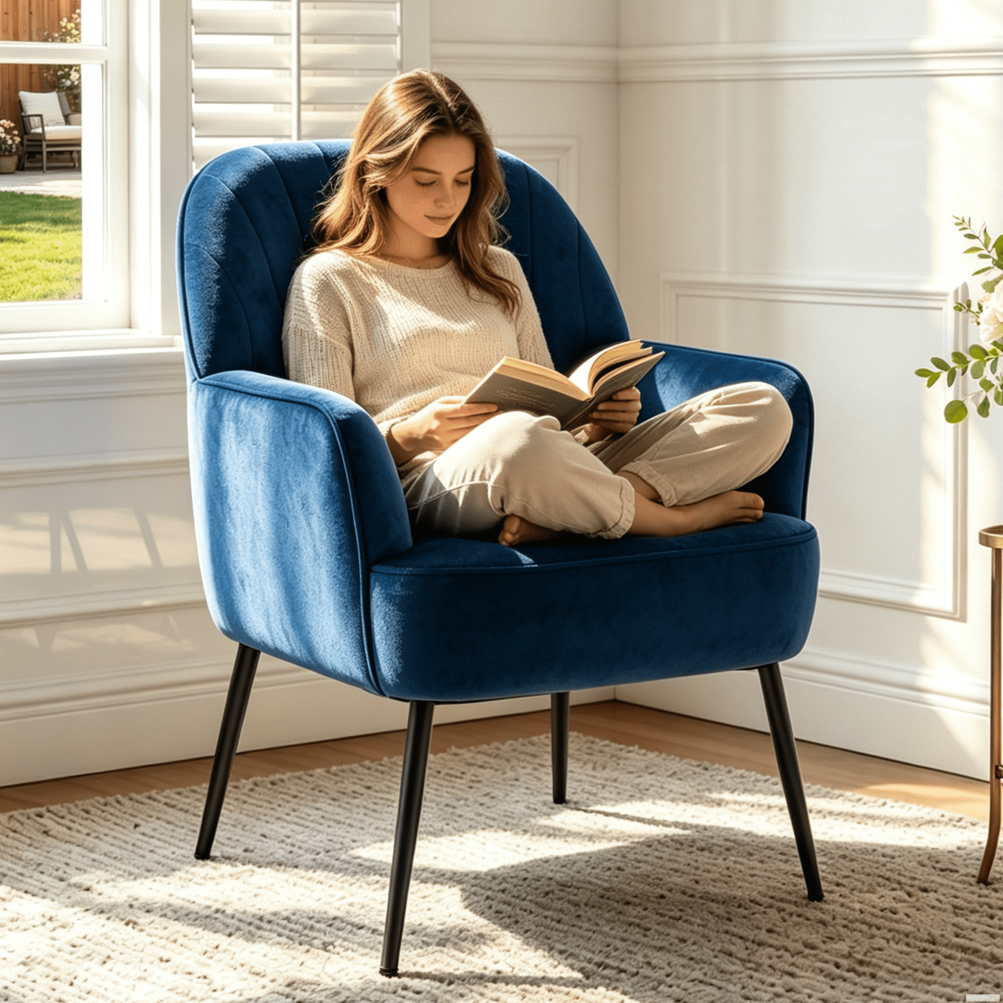 Gewnee Velvet Accent Chair,Upholstered Reading Chair with Wood Frame,Comfy Barrel Chair for Living Room,Waiting Room and Office.Blue