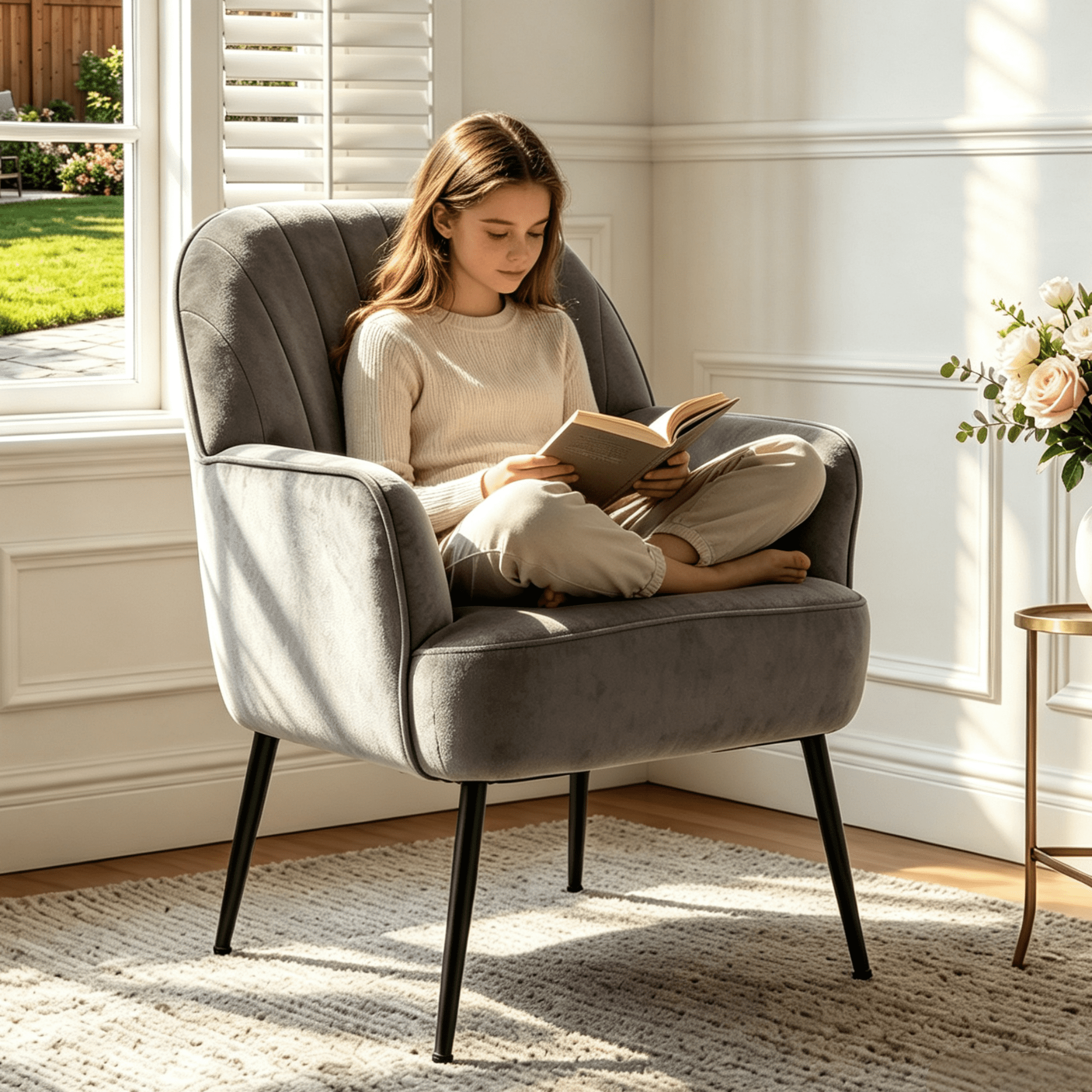 Gewnee Velvet Accent Chair,Upholstered Reading Chair with Wood Frame,Comfy Barrel Chair for Living Room,Waiting Room and Office.Gray