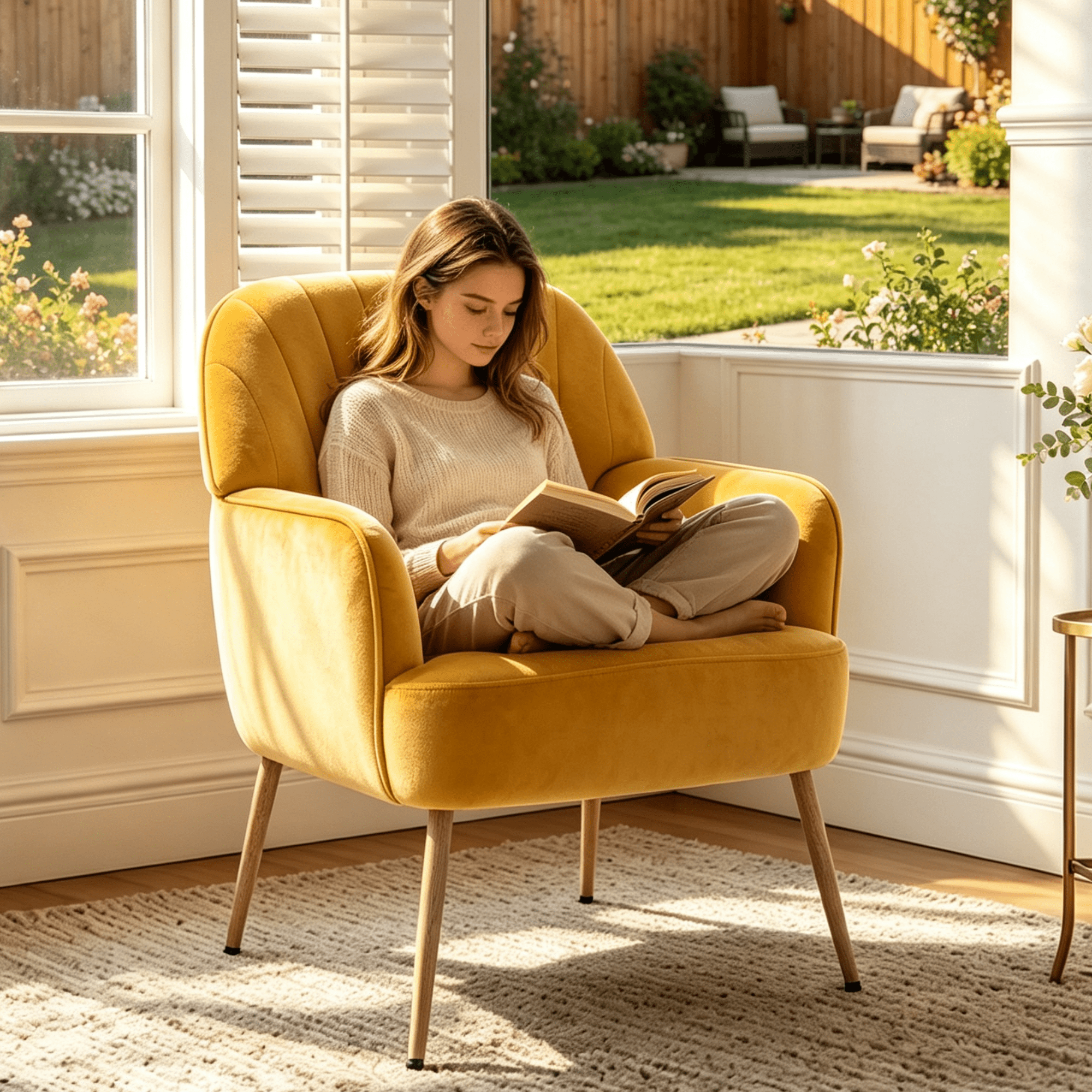 Gewnee Velvet Accent Chair,Upholstered Reading Chair with Wood Frame,Comfy Barrel Chair for Living Room,Waiting Room and Office.Yellow