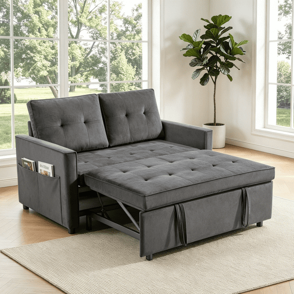 Gewnee Velvet Convertible Loveseat Sleeper with Adjustable Backrest and Storage Pockets for Small Spaces,Dark Gray