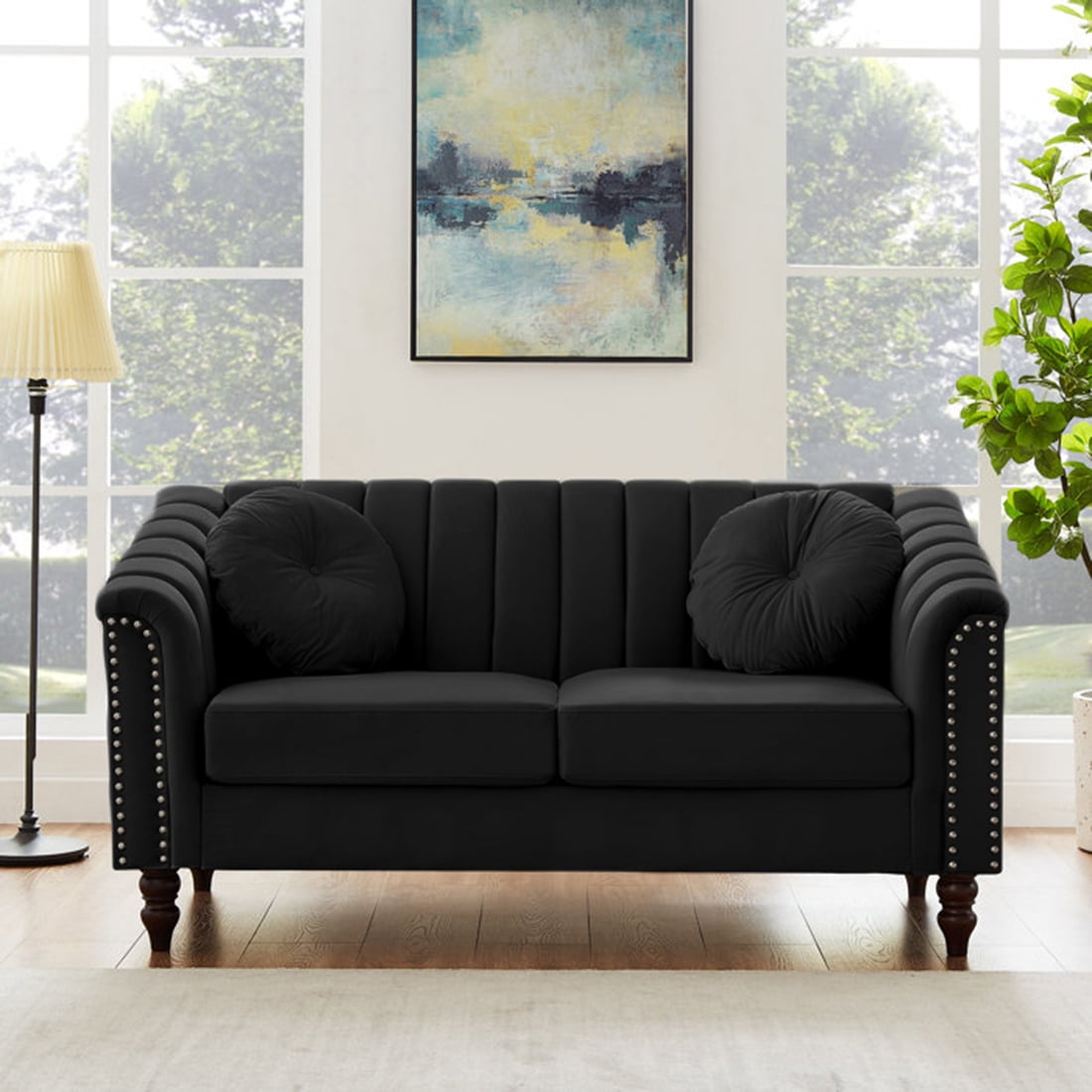 Gewnee Velvet Loveseat Sofa with Pillows and Nailhead Trim Armrest for Living Room,Black