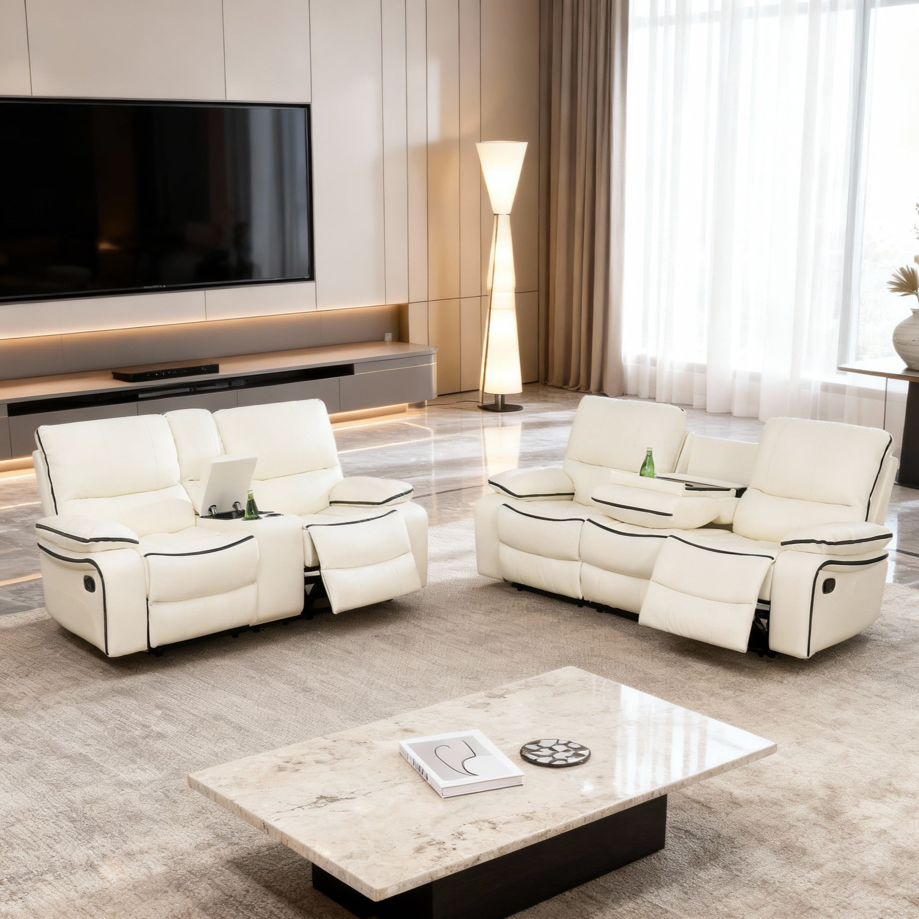 Gewnee 2-Piece Living Room Recliner Sofa Set with Console & Cup Holders, Air Leather, Solid Wood Frame & Double-Layer Springs, Off-white