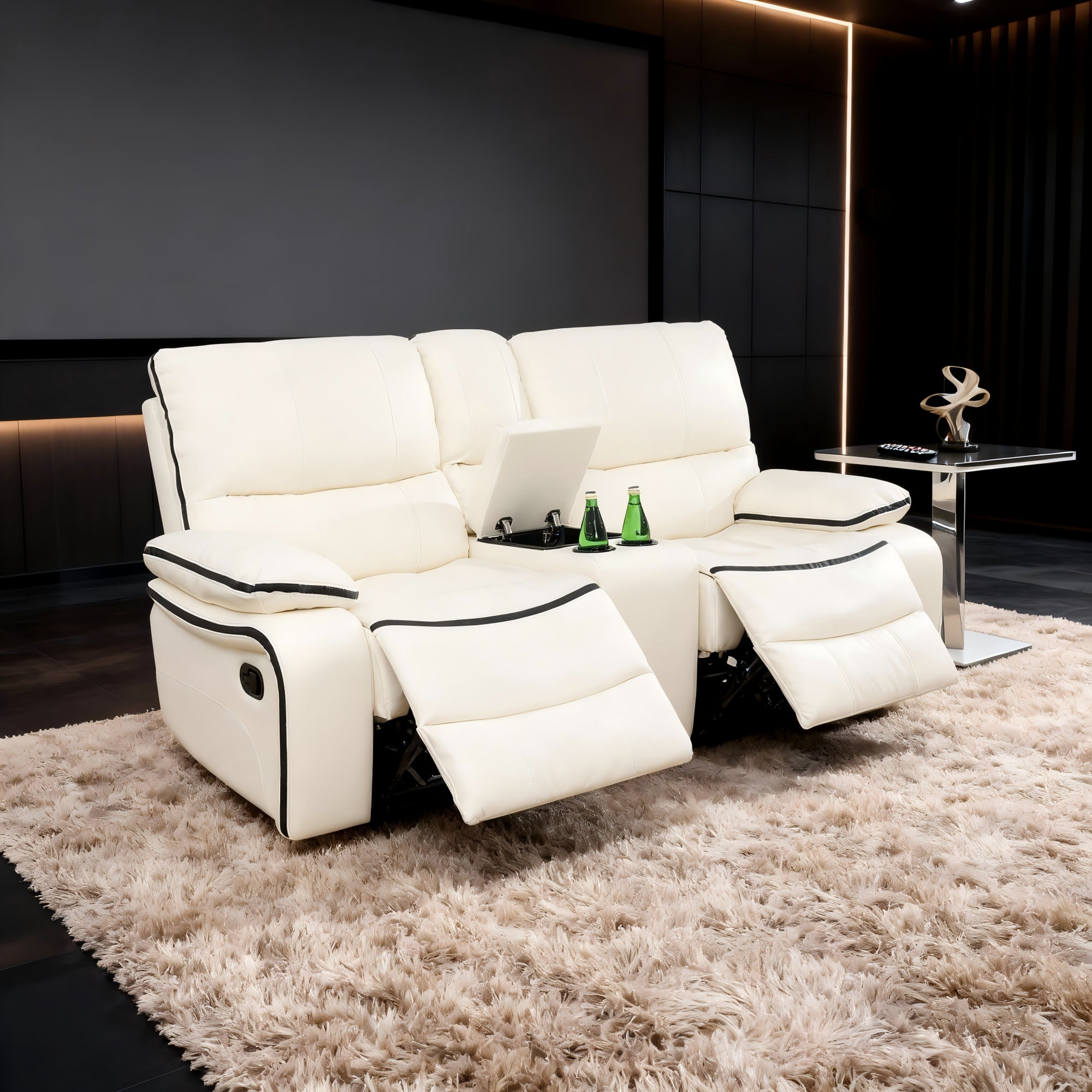 Gewnee 2-Seat Smart Sofa, Air Leather & Solid Wood Frame, Built-in Cup Holder, Adjustable Recline for Living Room Home Relaxation, Off-white