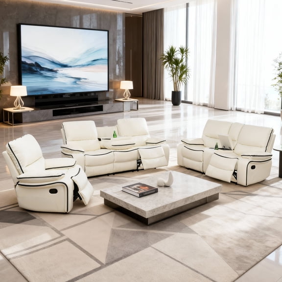 Gewnee White 3-Piece Living Room Recliner Sofa Set with Console & Cup Holders,Air Leather, Solid Wood Frame & Double-Layer Springs