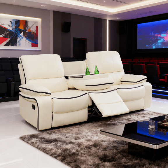 Gewnee White 3-Seat Smart Sofa,Air Leather & Solid Wood Frame, Flip-Up Center Seat with Cup Holder, Adjustable Recline for Living Room