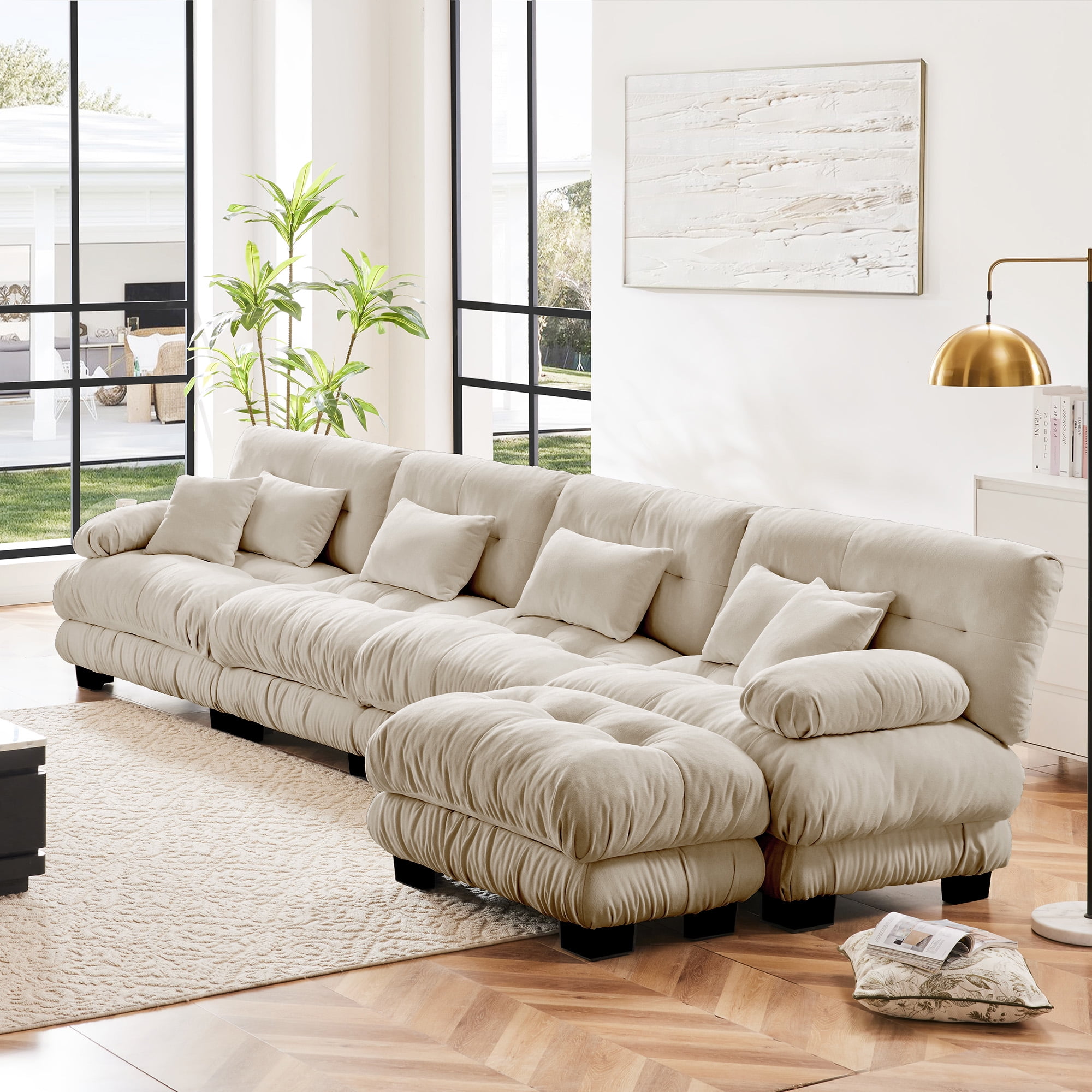 Gewnee White Chenille Cloud Couch 2 Seater Sofa for Living Room, Chenille 2 - Seat sofa with 2 Lumbar pillows and 2 throw pillows,