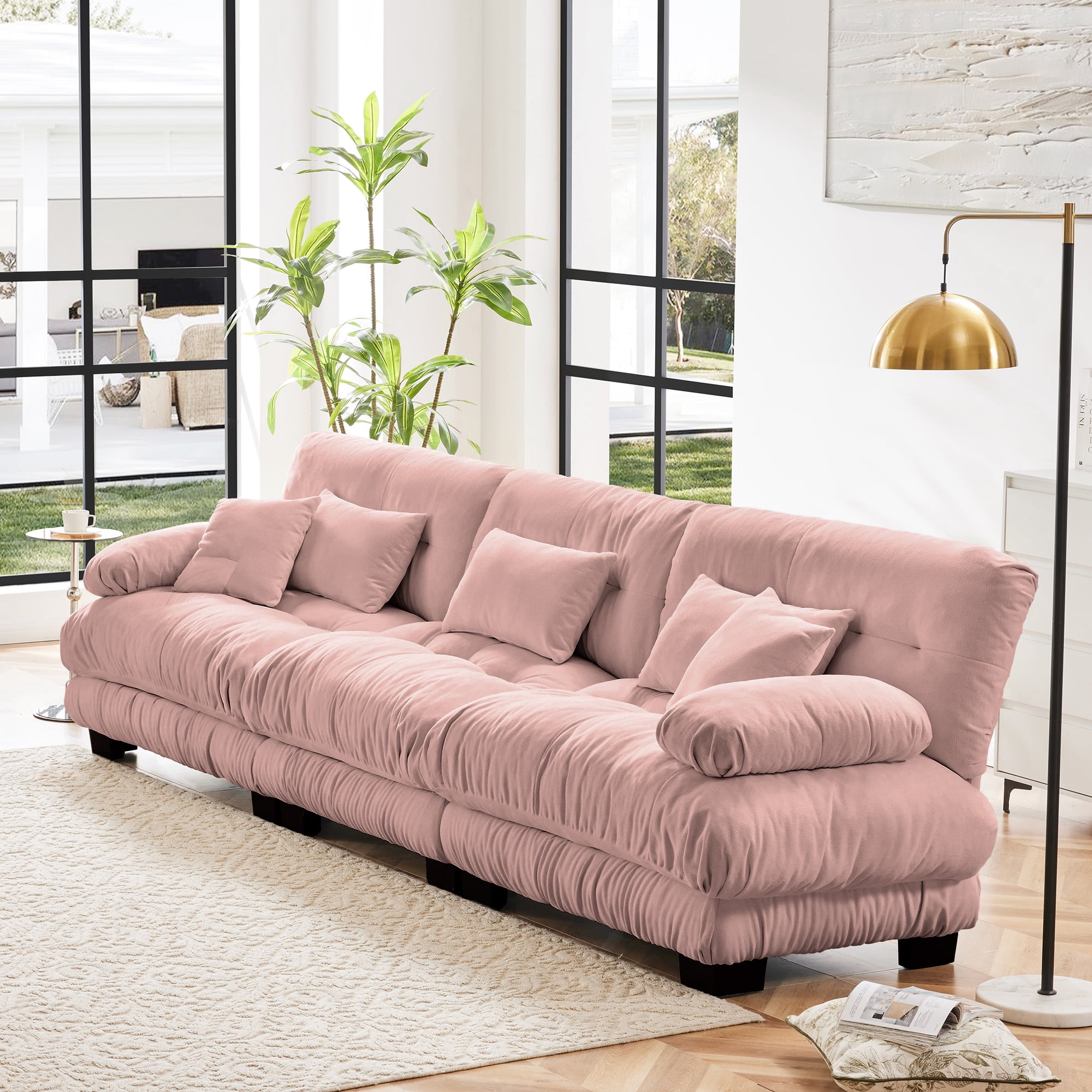 Gewnee Deep Seat 3-Seater Pink Chenille Sectional Sofa Modular Sofa Couch , Soft Comfy Upholstered Furniture for Living Room