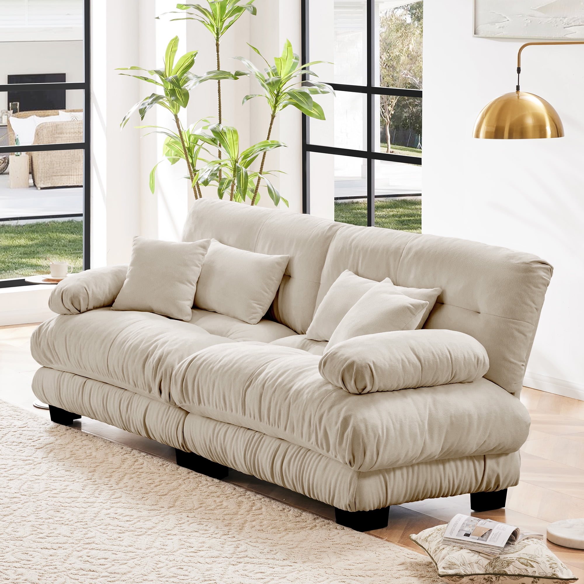 Gewnee White Chenille Cloud Couch 2 Seater Sofa for Living Room, Chenille 2 - Seat sofa with 2 Lumbar Pillows and 2 Throw Pillows,