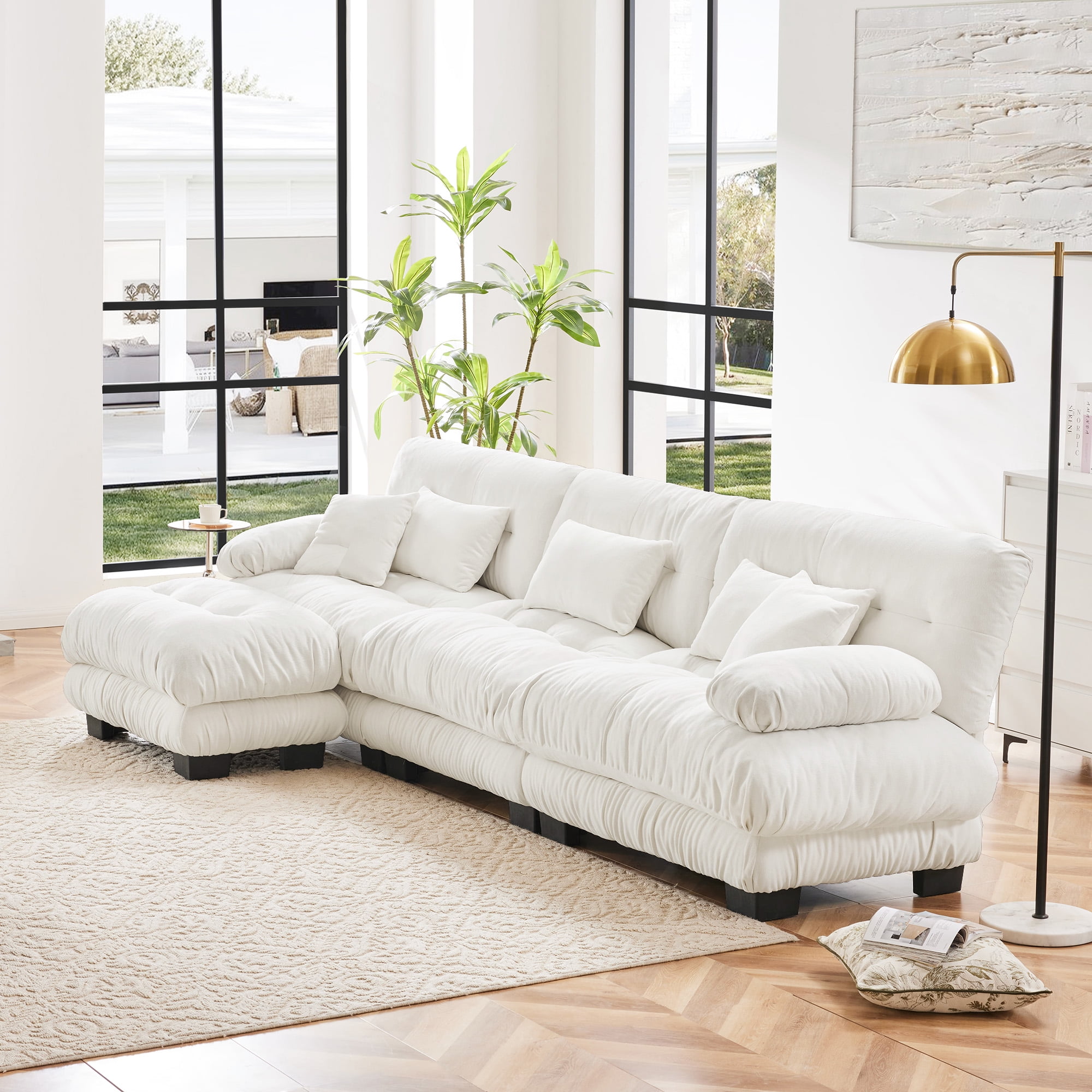 Gewnee Luxury Chenille Deep Seat White Modular Sectional Sofa Couch with Convertible Ottoman,Couch,Oversized L Shaped Cloud Couch for Living Room