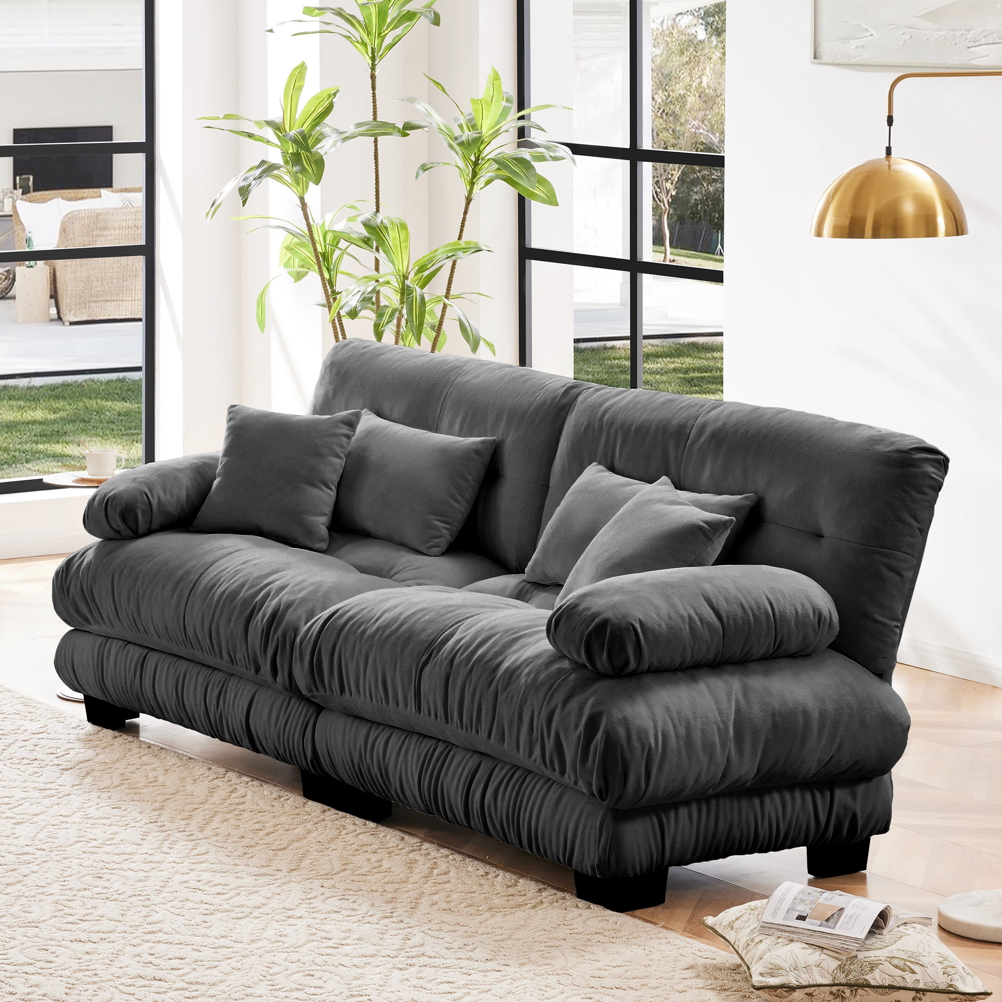 Gewnee Gray Chenille Cloud Couch 2 Seater Sofa with 2 Lumbar pillows 2 - Seat sofa for Living Room