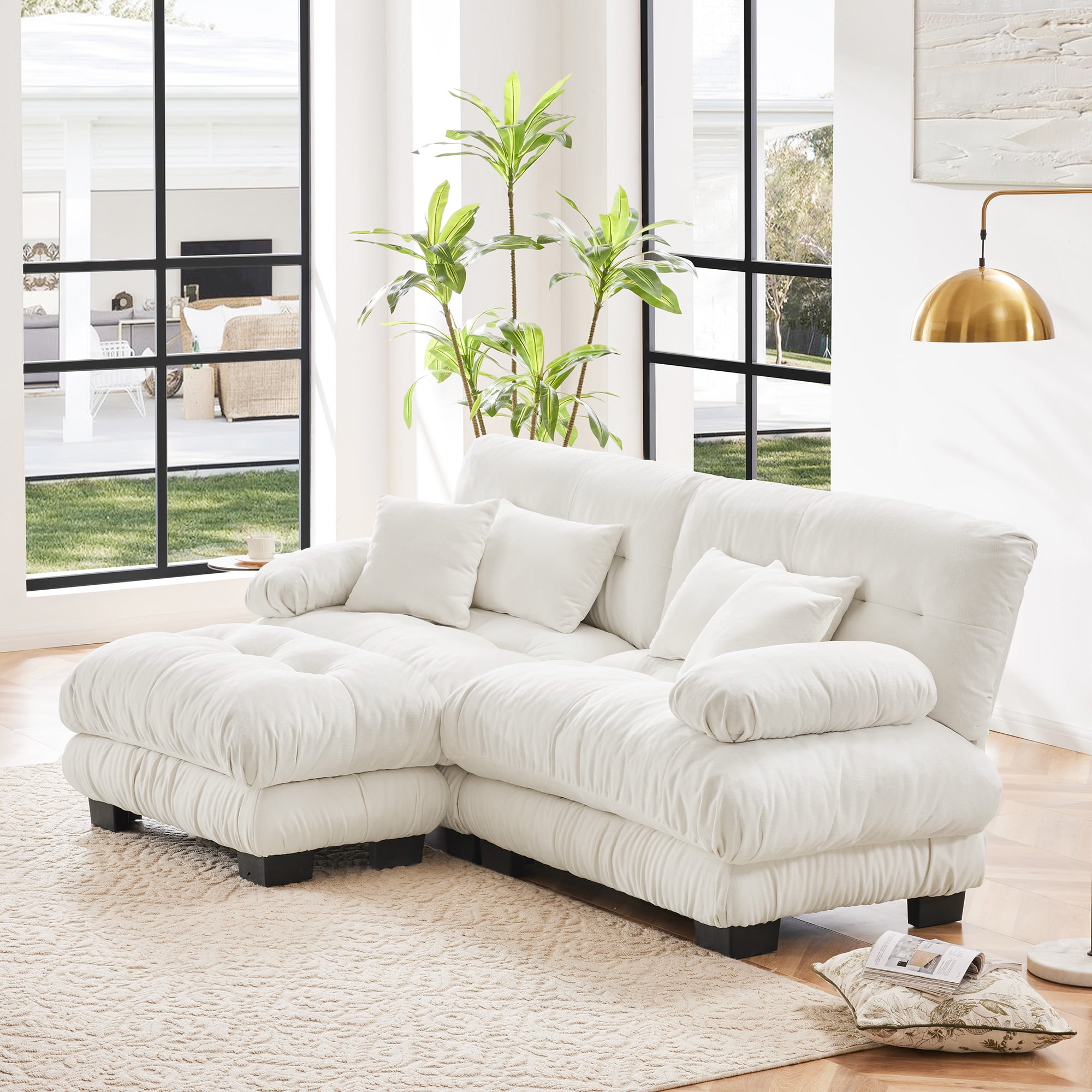 Gewnee White Chenille Cloud Couch 2 Seater Sofa for Living Room, Chenille 2 - Seat sofa with 2 Lumbar pillows and 2 throw pillows,