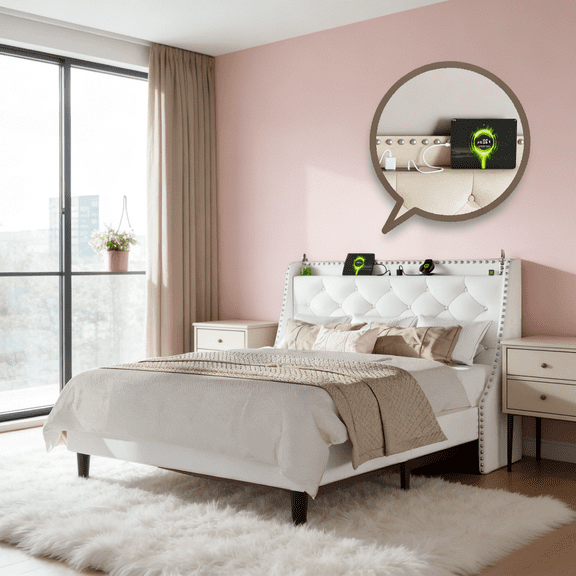 Gewnee White King Size Storage Headboard with Charging Station, Button Tufted Wingback Bed, 12 Wooden Slats Metal Frame, Noise-Free No Box Spring Required
